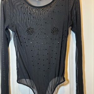 Bozzolo Black Sheer Rhinestone Embellished Bodysuit